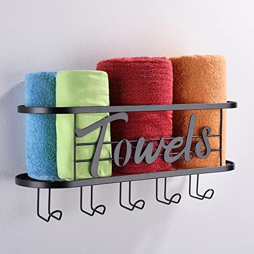 KEGII Towel Storage Rack Wall Mounted with 5 Hooks, Rolled Bath Hand