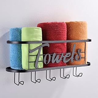 KEGII Towel Storage Rack Wall Mounted with 5 Hooks, Rolled Bath Hand Towel Holder, Black Bathroom Decor, Stainless Steel Shelf Organiser