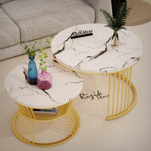 Image of RIZIK STORE Iron Frame Handmade 20.5 inch x 20.5 inch Round Coffee Table /Nesting Table /Side Table /Center Table with Engineered Wood Top for Living Room /Drawing Room /Balcony (White)