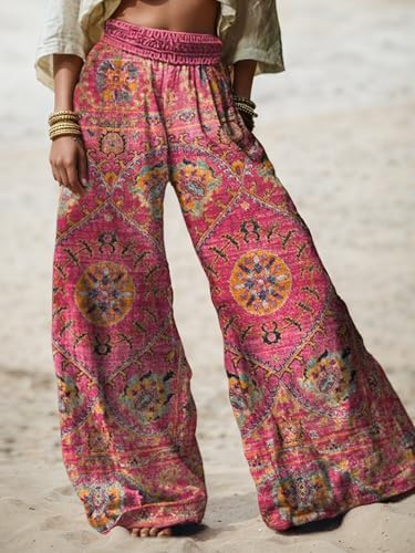 Women's Boho Linen Pants Floral Printed Wide Leg Elastic Waist Flowy Beach Palazzo Pants Trousers2