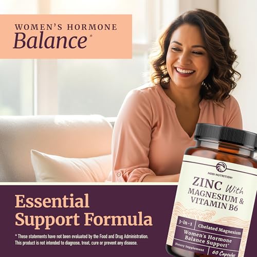 Image of Zinc and Magnesium Supplement with Vitamin B6, Women's Hormone Balance | Menstrual Cycle & Immune Support, High Absorption Chelated Magnesium Glycinate with Zinc Picolinate and Vit B6, 60 Capsules