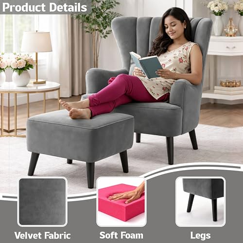 Image of Modern Velvet Wingback Accent Chair with Ottoman & Cushion for Living Room | Premium Upholstered Lounge Chair with Footrest |Grey