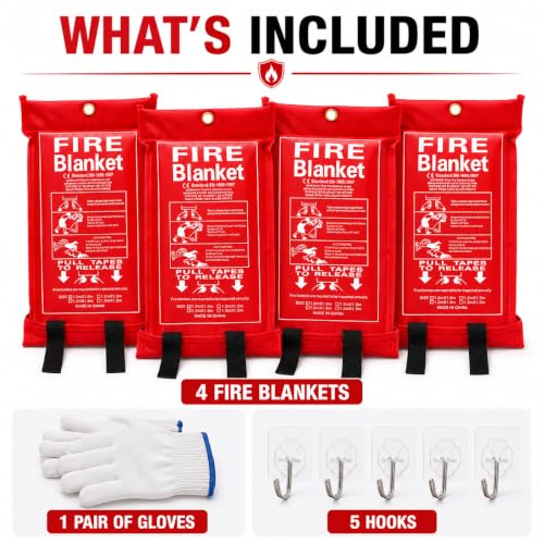 Image of 4 Pack,40 inchx40 inch,Emergency Fiberglass Fire Blanket,Fire Suppression,Hooks | Easy Pull Tabs,No Mess After Use,No Expiration,Quick Emergency Response,Compact,Reusable,Kitchen,Grill,Camping,RV,Home,Garage