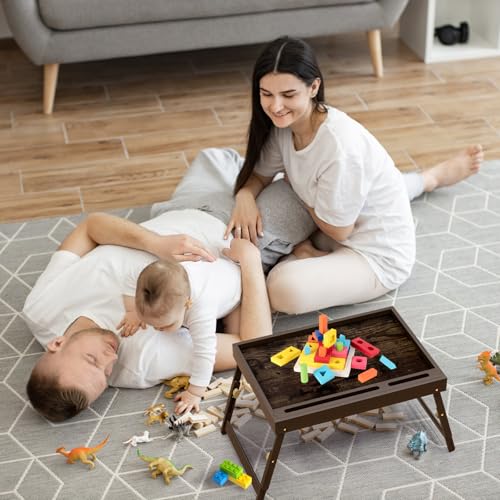 Image of Adjustable Bamboo Bed Tray Table with Device Stand, Large | Adjustable FSC-certified bamboo bed tray with telescopic legs and removable device stand for meals, laptops and reading.