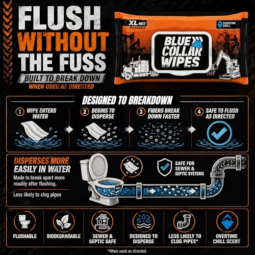 Image of XL Flushable Adult Wet Wipes - Biodegradable, Sewer & Septic Safe - Overtime Chill Scent - 96 Total Wipes (2 Resealable Packs of 48)