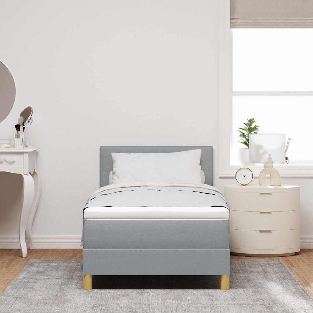 Cama con somier LED gris claro con cabecero y tiras LED RGB de 90 x 190 cm, tela, estructura de cama estable con cabecero ajustable, incluye colchón y cubrecolchón para dormitorio y