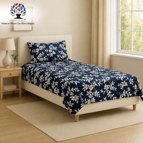 Image of Dream Living Printed Floral Single Bedsheet with 1 Pillow Cover | 120 GSM | 150x220 Cm | Blue