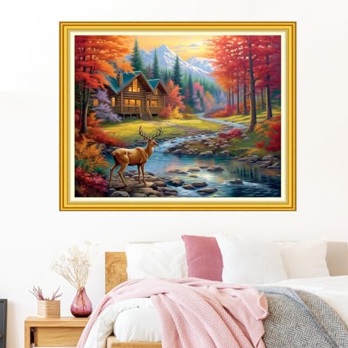 Image of Funxvoot Stamped Cross Stitch Kits Beginners Full Range of Embroidery Kits for Adults 11CT Embroidery Patterns Needlepoint Kits Printed Cross Stitch Kits-Elk Scenery 16x20 inch