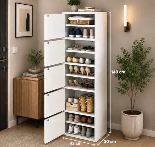 Image of EXVITO Modern Tall Shoe Cabinet, Wooden Flip Door Shoe Storage Cabinet, 5-Door Narrow Entryway Shoe Organizer with Multi-Tier Shelves, Space Saving Shoe Rack for Hallway, Apartment & Home - White