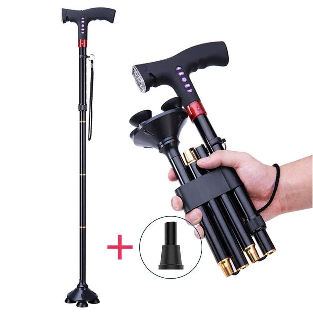 Bastón Plegable telescópico Plegable - Ayudas para Caminar de Aluminio con luz LED - Ligero, Moderno, bastón de Viaje, fácil de Plegar con Alarma para Personas Mayores - para Hombres, Mujeres,