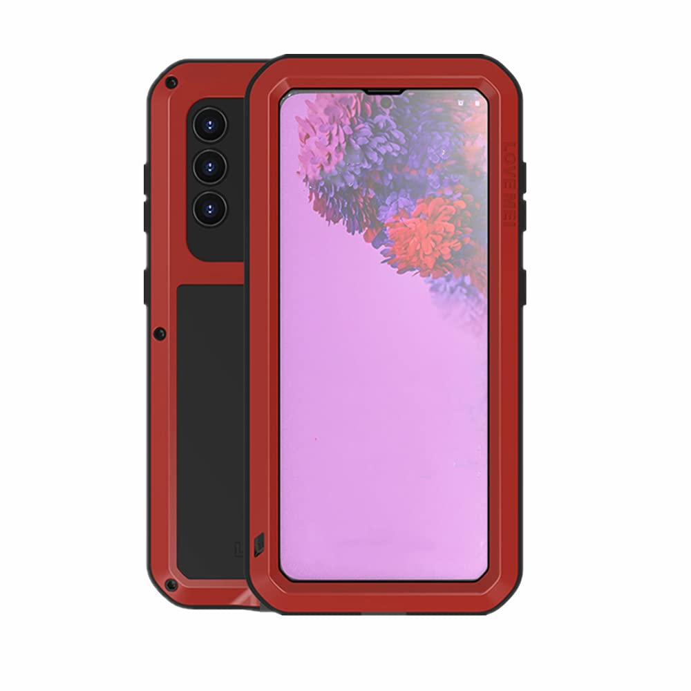 Love MEI Coque pour Samsung Galaxy S21, Sports de Plein Air Heavy Duty Métal Coque Antichoc Anti-poussière Full Body Protection Case avec Protecteur d'écran en Verre trempé intégré (Rouge)