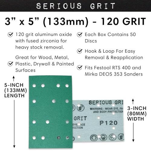 Image of Serious Grit - 3 inch x 5 inch (80x133mm) 14-Hole P120 Grit Sandpaper - 50 Pack Box | Fits Festool RTS 400 & Mirka DEOS 353 - Heavy-Duty Hook & Loop Wet /Dry Film Sanding Sheets for Doors, Cabinetry, Paint, etc