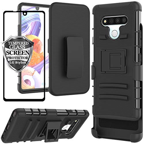 Ailiber Compatible with LG Stylo 6 Case with Belt Clip Holster, LG Stylo 6 Screen Protector, LG Stylo6 Swivel Clip Kickstand Holder, Heavy Duty Rugged Armor Protective Cover for LG Stylo6 - Black