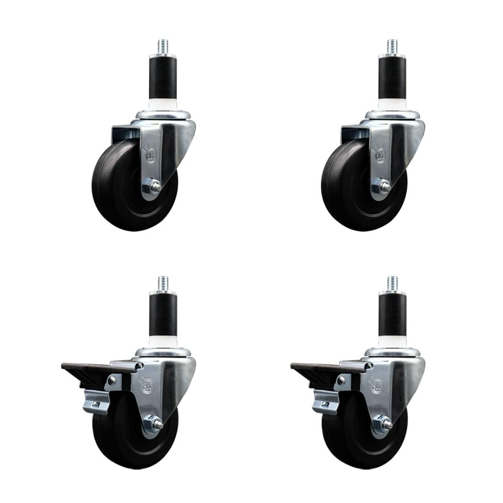 Soft Rubber Swivel Expanding Stem Caster Set of 4 with 3.5 Inch Black Wheels and 1-3/8