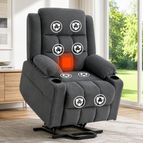 Image of Power Lift Recliner Chair for Elderly Adults with Massage and Heat, Fabric Electric Recliner Sofa with Side Pocket, Two Cup Holders for Living Room L9912 (Dark Grey)