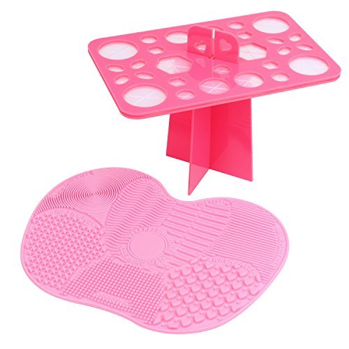 ESARORA Makeup Brush Cleaning Mat and 28 Holes Brush Drying Tower Set (Pink)