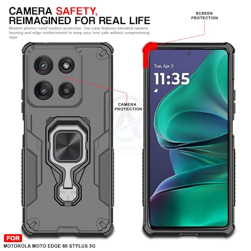 Image of AESTMO Armor Back Cover for Motorola Moto Edge 60 Stylus 5G | Ring Holder & Kickstand & Camera Protection in-Built | 360 Degree Protection Back Case Cover (Black)