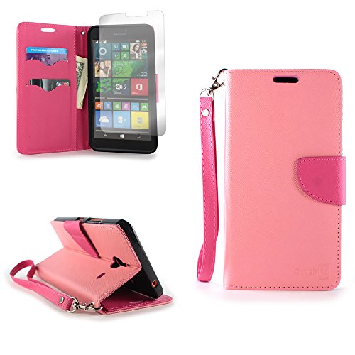 CoverON for Microsoft Lumia 640 XL Wallet Case [Carryall Series] Flip Credit Card Phone Cover Pouch (Light Pink & Hot Pink) with Screen Protector and Wristlet Strap