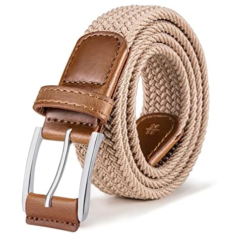 BULLIANT Mens Belts, Elastic Braided Stretch Woven Golf Belts with Covered Leather Buckle for Men Women Jeans,Width 1 3/8",Beige1240,32"-34" Waist Adjustable Cover