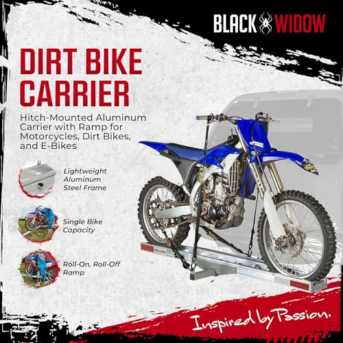 Black Widow Motorcycle Hitch Carrier with Loading Ramp Lightweight Aluminum 400 lb. Capacity Anti-Rattle Included Fits 2" Receiver