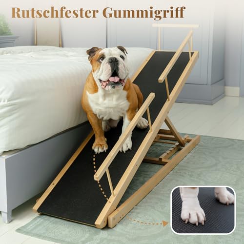 Hunderampe Bett PRIORPET aus Birkenholz mit Sicherheitsgeländer - Höhenverstellbare hundetreppe für Betten bis zu 94.5cm - Klappbar - Anti-Rutsch-Griff - Für kleine Hunde bis zu 23kg - Naturel