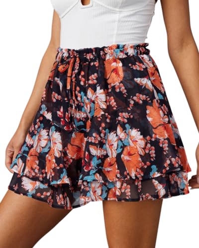 Image of Aoudery Flowy Shorts for Women Casual Boho Floral Skorts Ruffle Mini Skirts Running Tennis Butterfly Chiffon Shorts