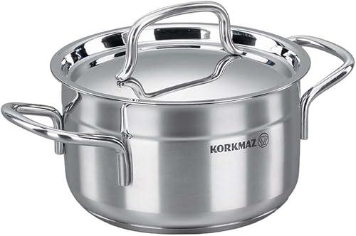 Korkmaz Alfa - Cacerola de acero inoxidable, olla de cocina con tapa, olla de horno holandés, cazuela de acero inoxidable Alfa lista para inducción,