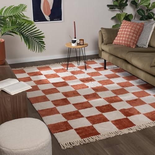 FRAAI | Home & Living Tapis de Salon Damier - Blox Fringe Terracotta - Poil Court - Rectangulaire - 120x170 cm