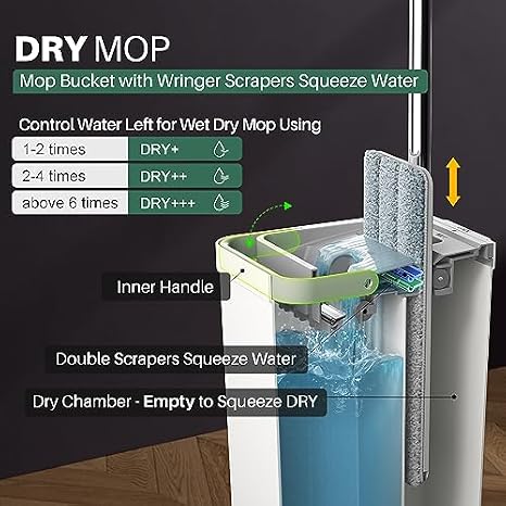 JOYMOOP Mop and Bucket with Wringer Set with 61 Mop Handle with Flexible 13 Flat Head with 8 pcs Microfiber Mop Pads - White