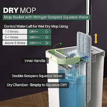 JOYMOOP Mop and Bucket with Wringer Set with 61 Mop Handle with Flexible 13 Flat Head with 8 pcs Microfiber Mop Pads - White