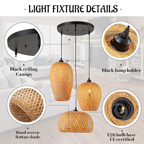 Aoodu Rattan Pendant Light Bamboo Hanging Light 3-Lights Boho Pendant Light Fixture Woven Basket Wicker Shade Rattan Chandelier For Living Room Dining Room Kitchen thumb #3