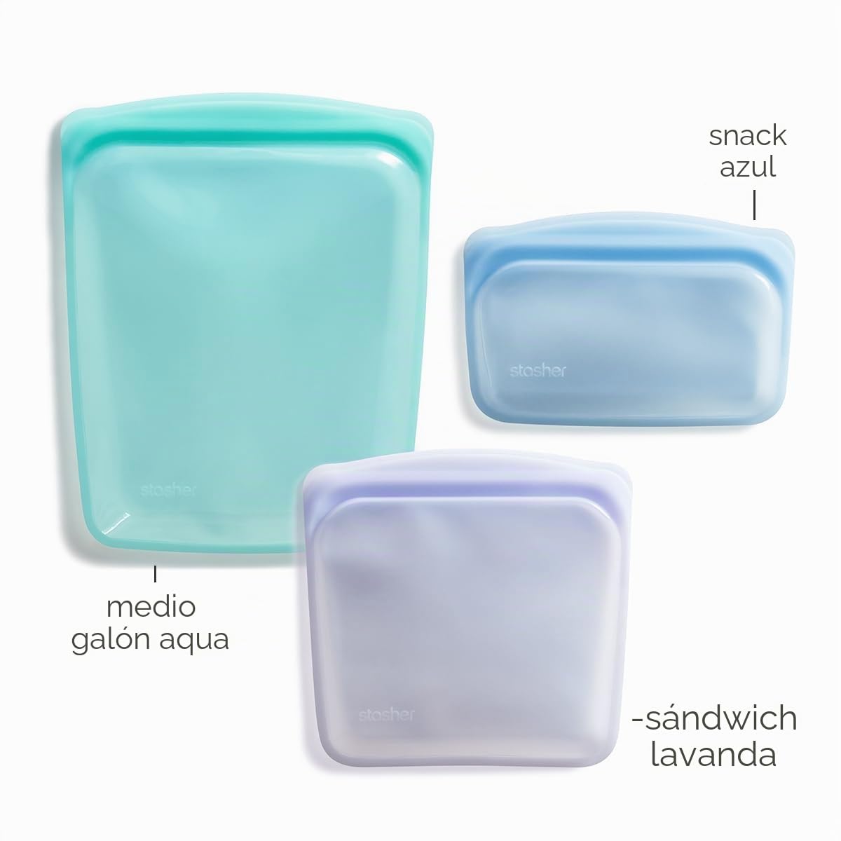 Stasher Bolsas de almacenamiento de alimentos reutilizables de silicona premium, paquete de 3, multiuso, bolsas de almacenamiento de alimentos, bolsa de almuerzo, contenedores de viaje, sin BPA, sin