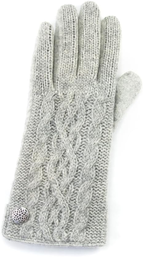 レディース アランケーブルウール手袋 &ndash; グレー、ウール70%、アクリル30%、ボタンは亜鉛合金、フリーサイズ、アイルランド製