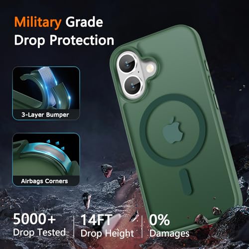 Image of LATVIN for iPhone 16 Plus Case, Magnetic Phone Cover, Compatible with MagSafe, Military Grade Protection, Translucent Matte Frosted Back, Dark Green