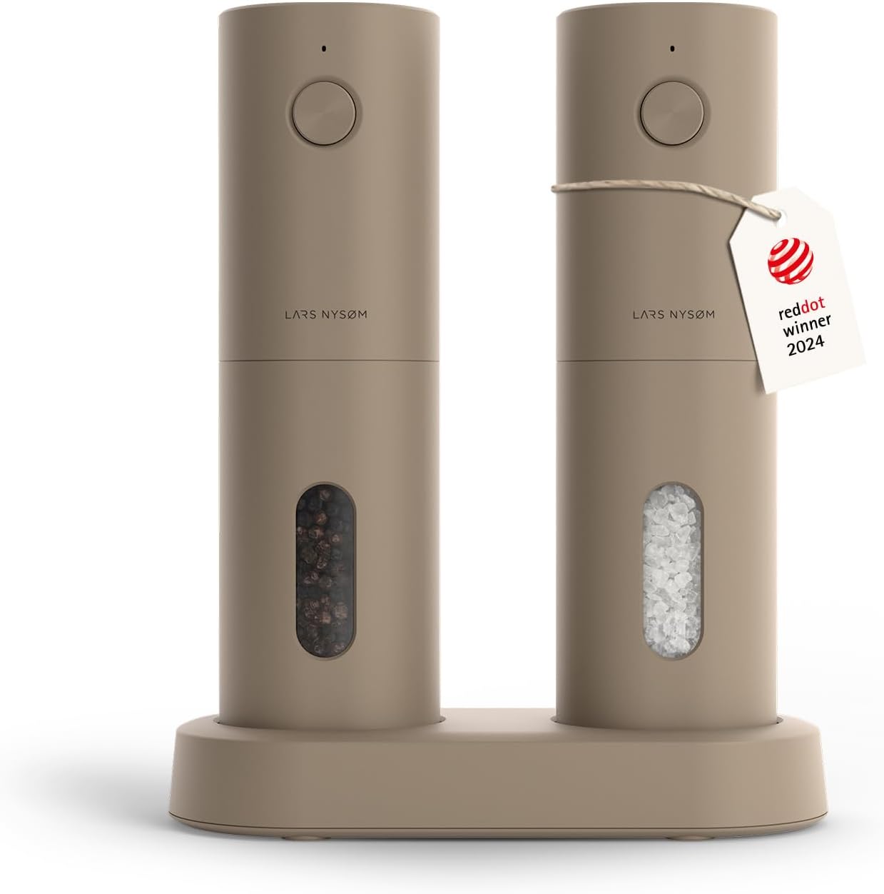 LARS NYSØM Salt and Pepper Grinder, Electric Set of 2 Pieces with Adjustable Ceramic Grinder from Coarse to Fine I Design Spice Mills in Set, Automatically (2 Pieces, Greige)