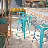 EMMA + OLIVER Commercial Grade 30' H Backless Teal-Blue Indoor-Outdoor Barstool