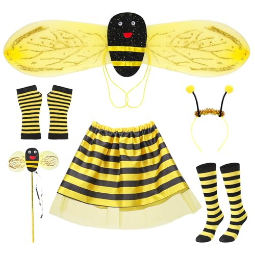 Kinwers Deguisement Abeille Enfant,6 Pièces Deguisement Fille 3 ans Contiene Falda Rayée/Ailes/Serre-Tête/Bas/Varita mágica/Guantes，deguisement carnaval enfant Adecuado 2/3/4/5/6 ans Fille.