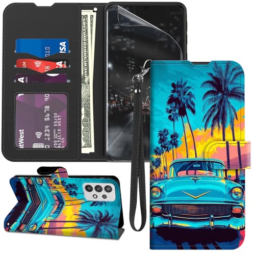 GYSYZJDH for Samsung Galaxy A23 5G/4G Case Wallet with Screen Protector, Stand PU Leather Flip Folio Cover with Card Holder, Full-Body Protection Phone Case for Galaxy A23, Vintage Car