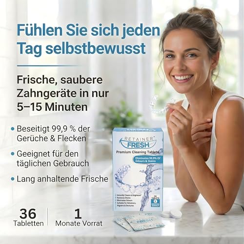 Retainer Fresh Zahnschiene Reinigungstabletten - Reiniger für Retainer, Knirscherschiene, Zahnspange & Aligner - Aufbissschiene & Gebissreiniger Tabs - Reinigt in 5 Minuten - 36 Stück