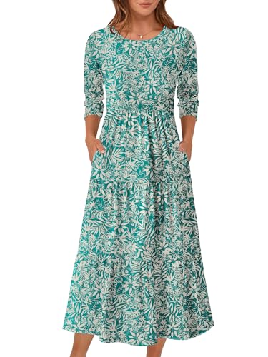 Prinbara Women's 3/4 Sleeve Casual Maxi Floral Dresses 2025 Fall Crewneck A-line Tiered Flowy Summer Boho T Shirt Long Dress Floral Green Medium