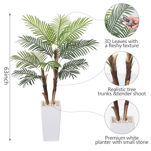 Artificial Palm Tree 5FT, Fake Tree with Realistic Fiber Trunks and White Tall Planter, Faux Tropical Areca Floor Plant in Pot, Artificial Silk Plant for Home Decor Office Living Room Decor