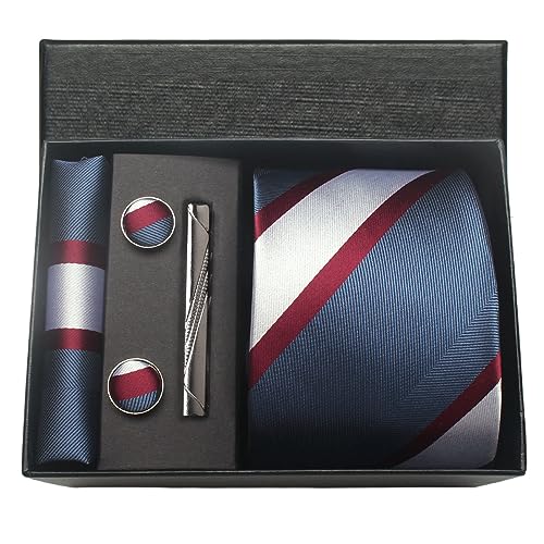 Image of Striped Plaid Polka Dot Mens Tie Formal Necktie Pocket Squares Ties Clips Cufflinks Classic for Men Set