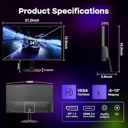 Image of Amzfast 24 inch Curved Gaming Monitor, 240Hz 1ms 1080P, Adaptive Sync, 124% sRGB, 3000:1, HDR, 1500R, HDMI 2.0 & DP 1.4, Ultra-Slim Base - Keyboard Slides Underneath, Desk Space Saved - AMZG24C1 Pro