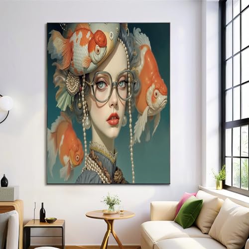 Cuadro Lienzo Retrato Una Mujer Con Un Sombrero Pescador Decorativos Pintura Poster Surrealismo Imagen foto Cuadros Decorativos Salon Dormitorio Baño Comedor Oficina Pasillo 40l x 60an cm, Azul-Verde