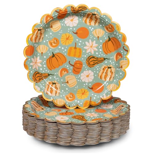 Image of Confettiville Thanksgiving Paper Plates, 50-Count Disposable Thanksgiving Dinner Plates, Scalloped, Party Supplies, Pumpkins, Mint Green