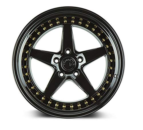 Llantas, Automotive Parts and Accessories AodHan Rueda DS05 – Negro brillante con remaches dorados: tamaño de rueda de 18 x 8,5; patrón de lengüeta de 5 x 100; orificio de 73,1 mm; juego de 35 mm.