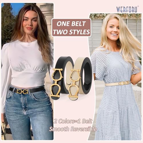WERFORU Women Reversible Leather Belt for Women, Two-in-One Women Gold Buckle Leather Belt for Jeans Dress,Black/Beige, 43.3 Inches Length,Fit Waist Size 29 Inches-35 Inches2