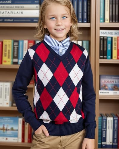 BOBOYOYO Boys Argyle Sweater 100% Cotton Cable Knit Boys Uniform Sweater V-Neck Christmas Kids Pullover for Children 5-14 Y3