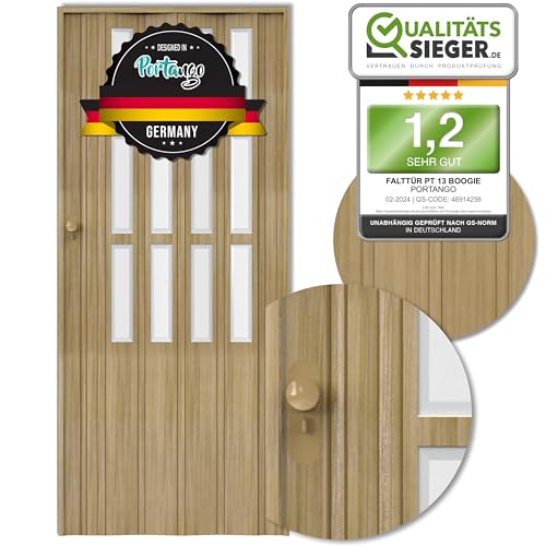 Portango Falttür Eiche Sonoma hell aus Kunststoff I Innen & Außen Komplettset I faltbare Schiebetür kratzfest und pflegeleicht mit Fenster I anpassbare Breite der Falttüren I Modell PT-13 Boogie