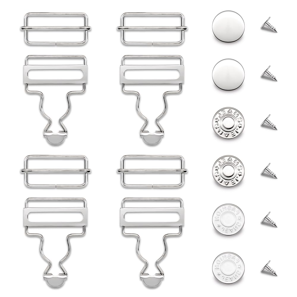 Jamsinmu Dungarees, button and buckle Set – 4+6PC Overalls Buckles Metal Adjustable Suspenders Clips with Suspender eyelets 25mm, Silver, 32mm*4